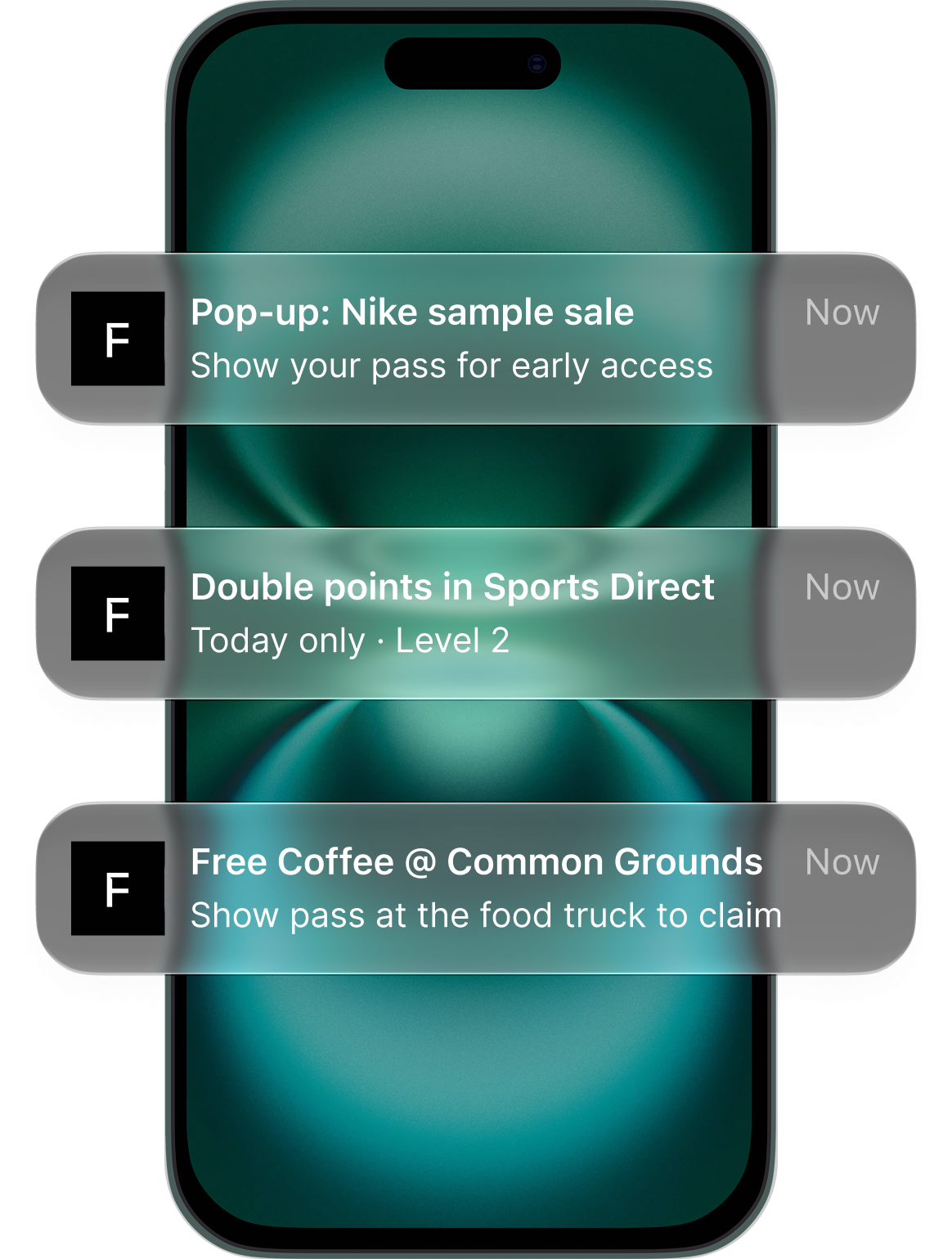 iPhone lock screen showing three Frasers wallet notifications: Nike sample sale pop-up, double points in Sports Direct, and free coffee at Common Grounds