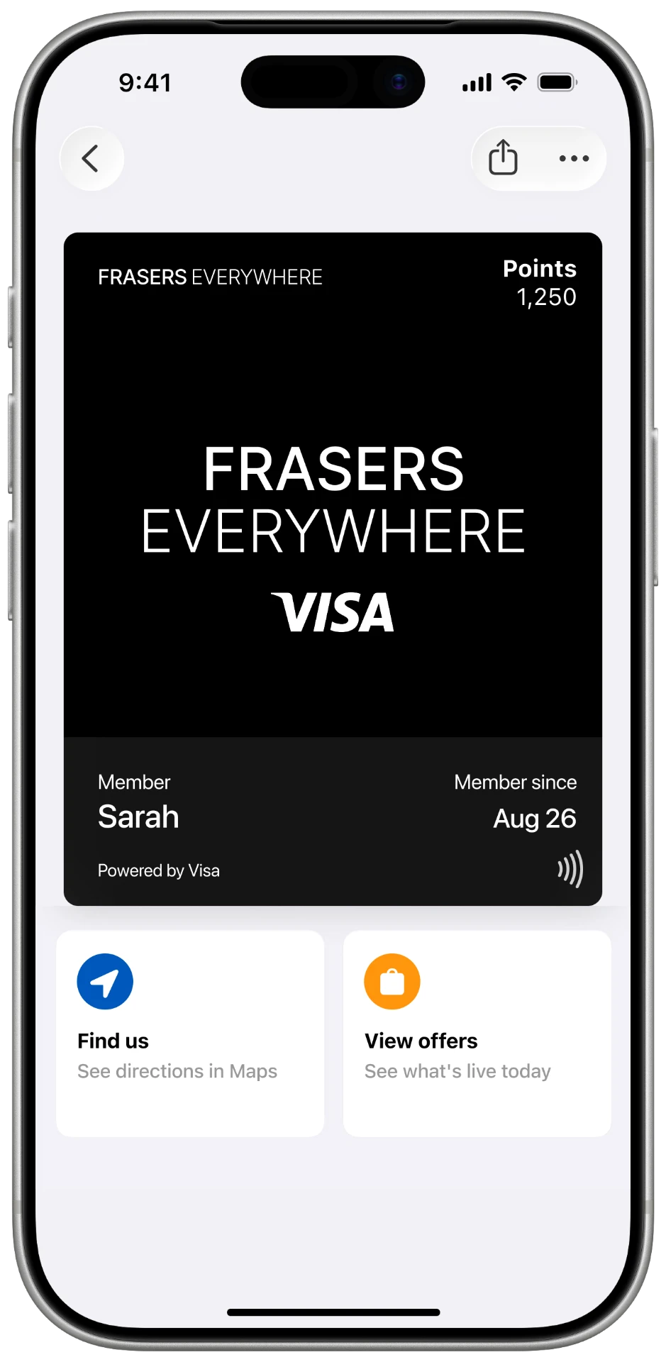 Frasers Everywhere Visa co-brand wallet pass in Apple Wallet