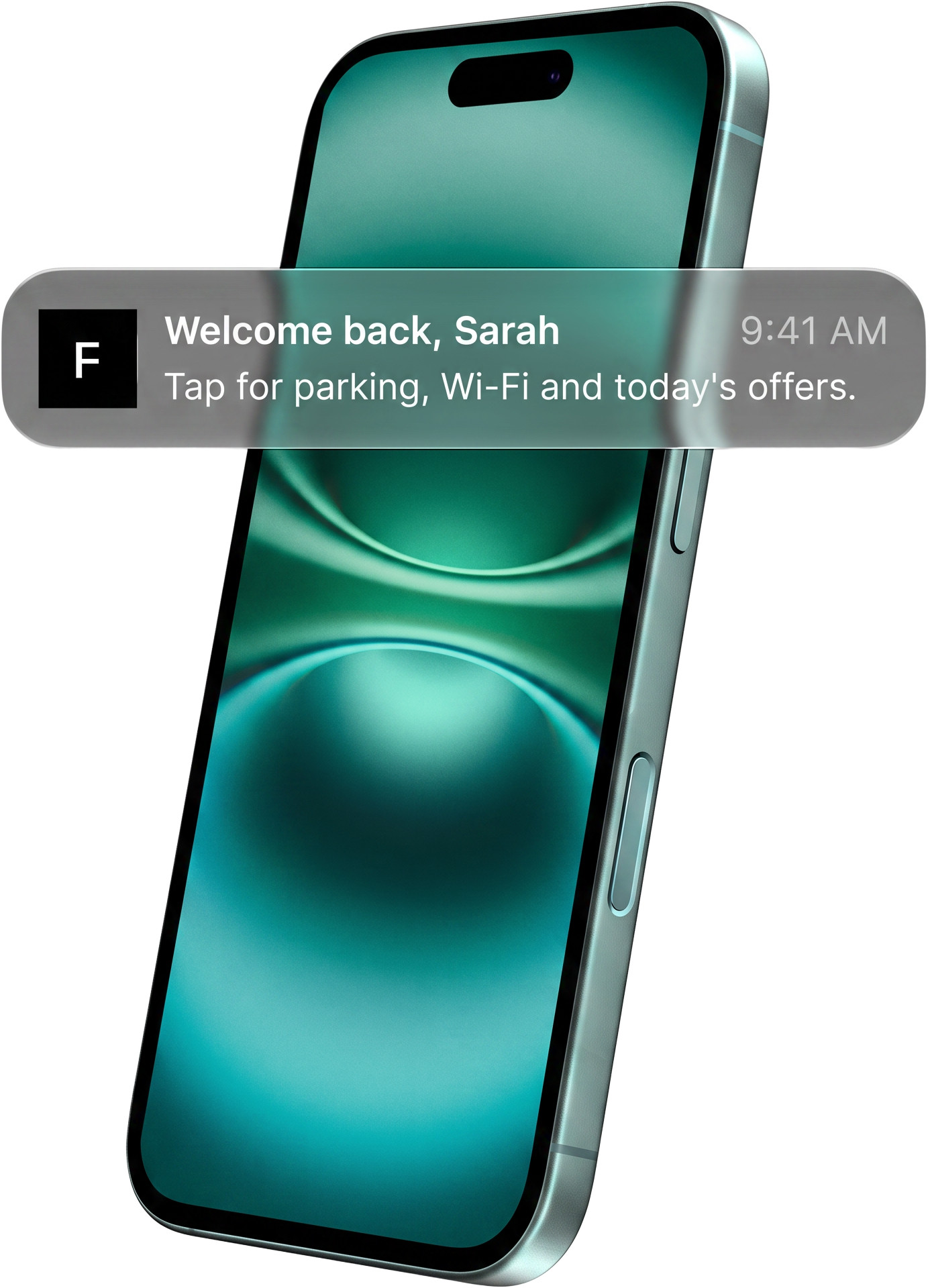 iPhone lock screen showing a Frasers pass notification reading Welcome back, Sarah