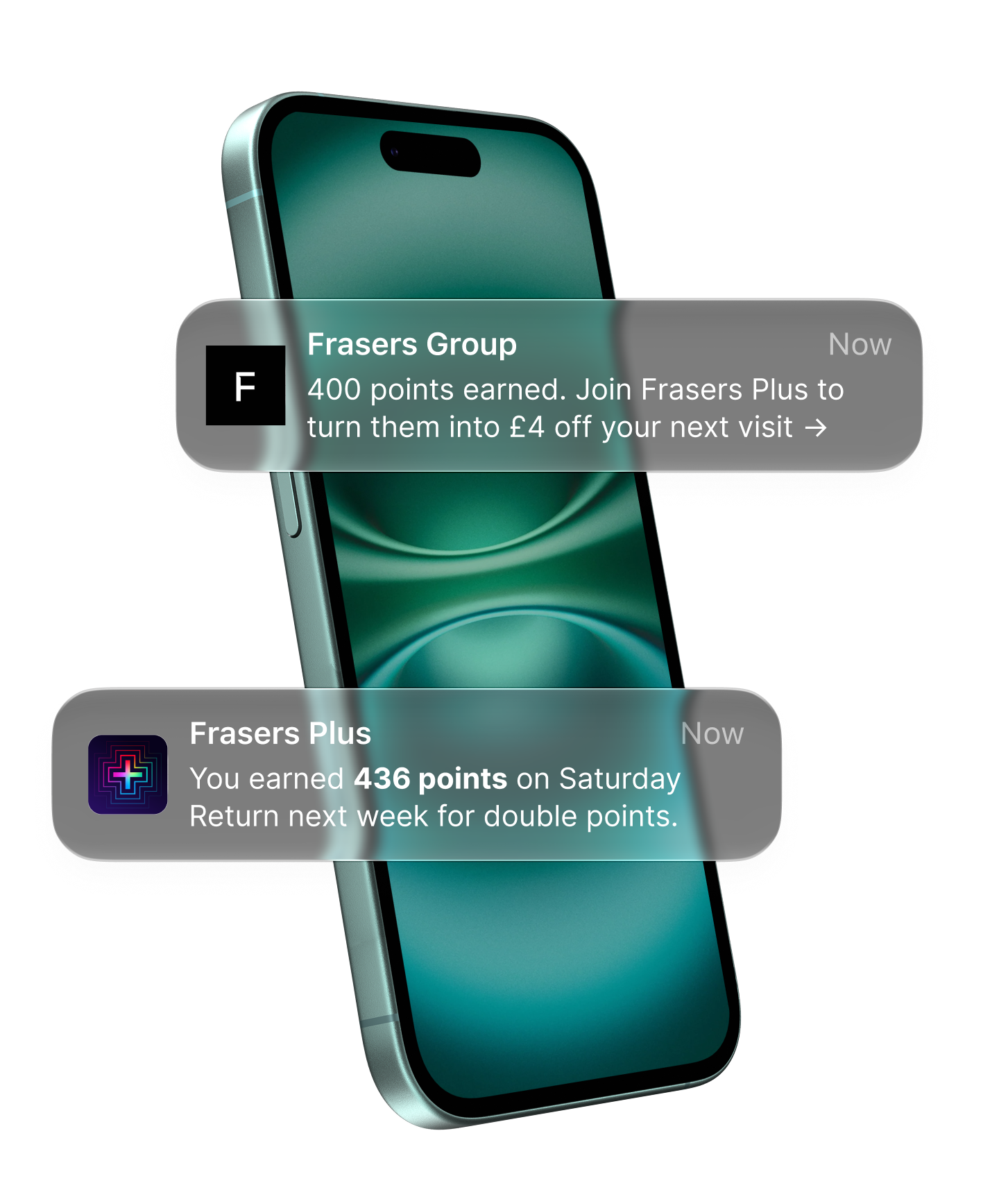 Post-visit notifications showing points earned and an invitation to return