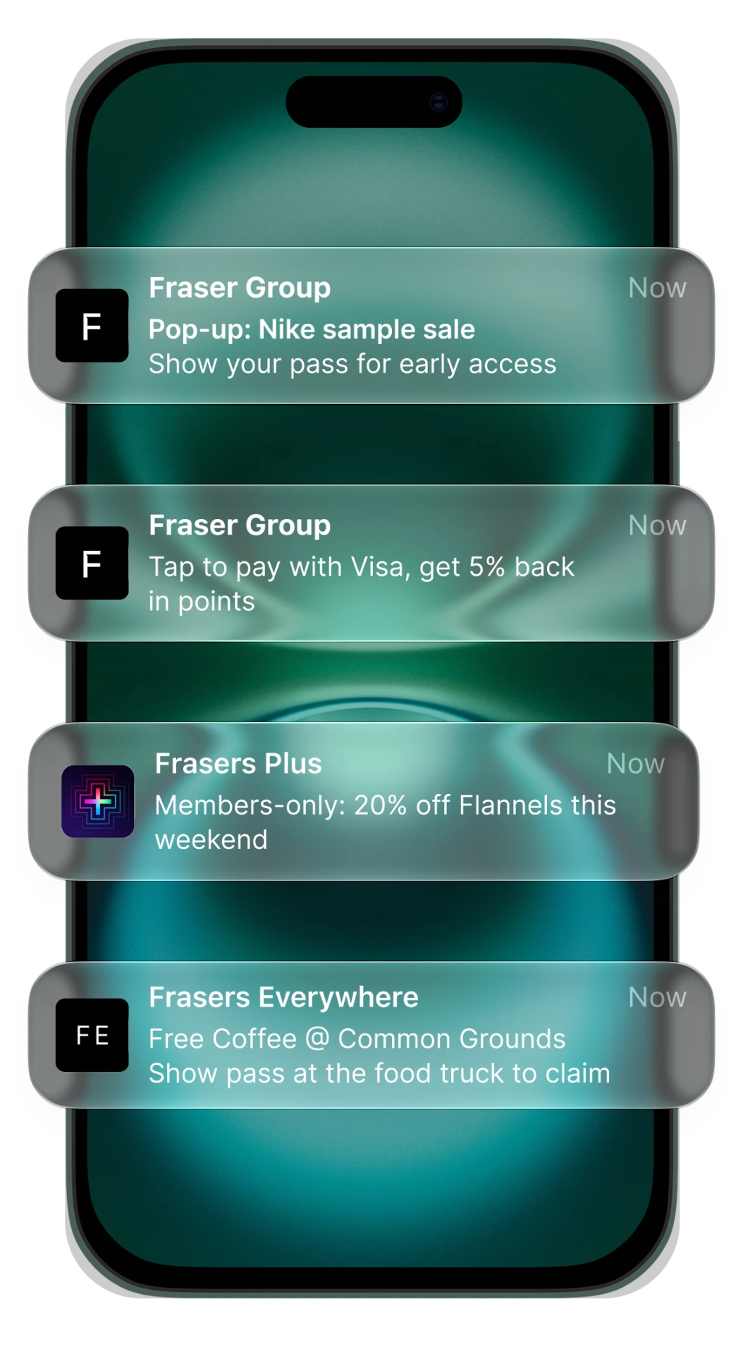 Lock screen showing Frasers Group, Frasers Plus and Frasers Everywhere offer notifications